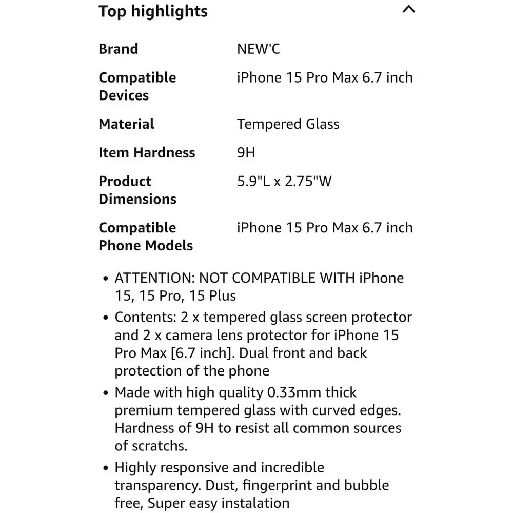 2 iPhone 15 Pro Max Screen Protector (6.7 inch) + 2 Camera Lens Protector s29